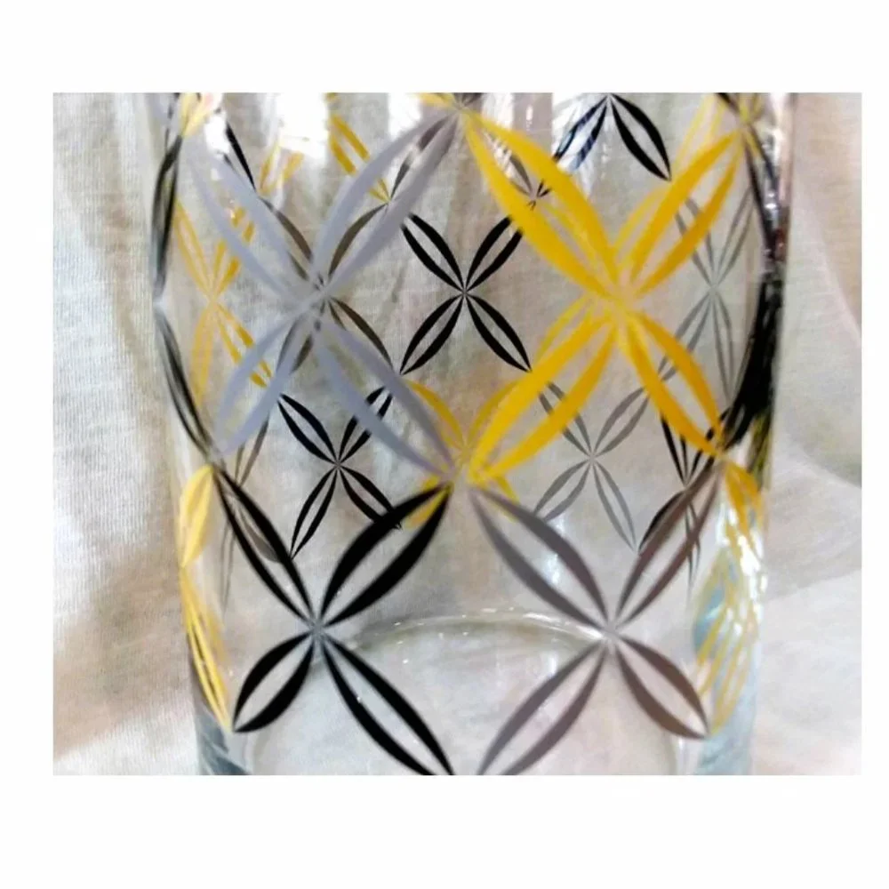 Retro Glass Vase Black Gold Gray Geometric Design Clear 7.25